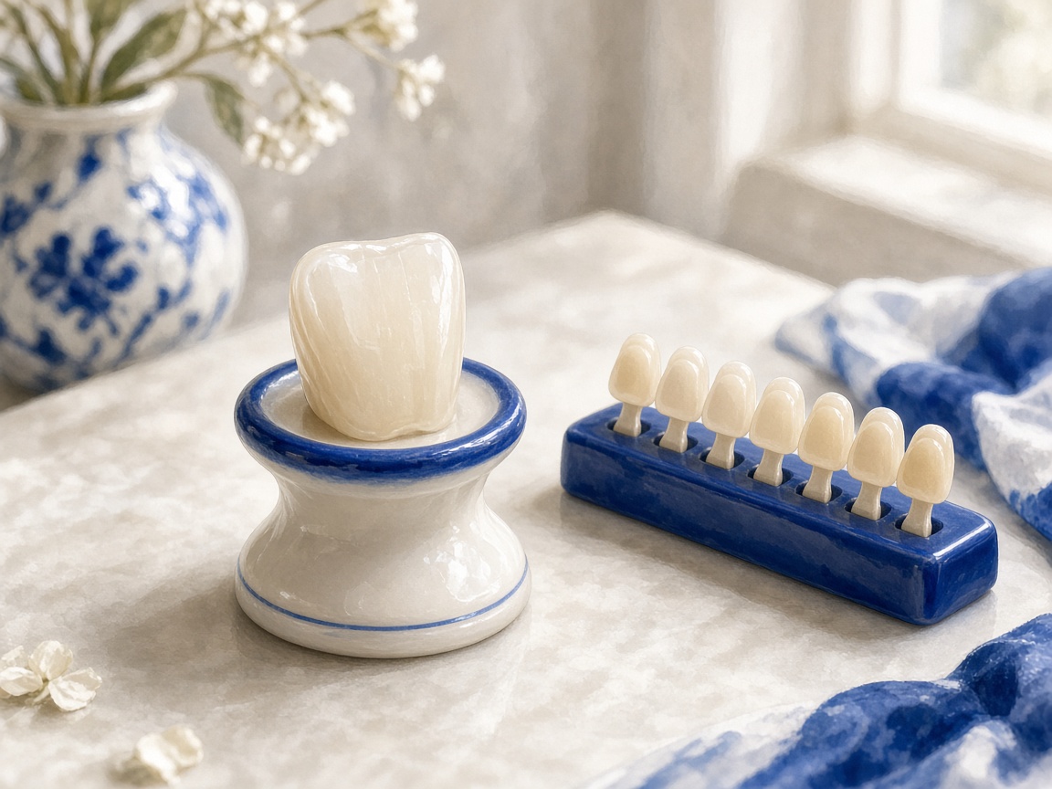 Illustrated front-tooth crown with a shade guide